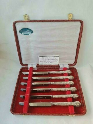 Boxed Set Of 6 Queens Pattern Stirling Silver Handles Tea Knives 1979/ 16.  6 Cm