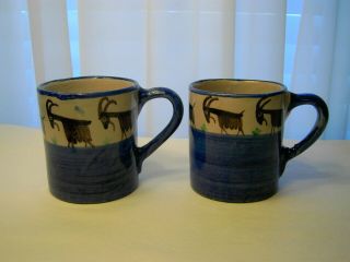 Coffee Tea Mugs Cups V.  Pinto Vietri Italy Vintage Pottery Goats Blue Ceramic 2
