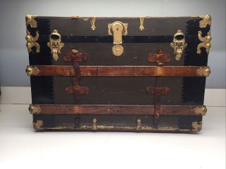 Antique Vintage Wooden Trunk With Leather Straps