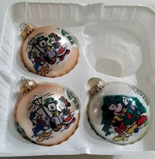 Vtg Disney Mickey Unlimited Minnie Donald Duck Christmas Krebs 3 Glass Ornaments