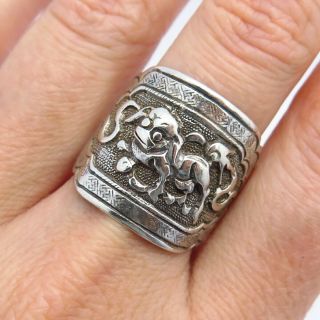 Antique Quing Dinasty China Silver Chinese Guardian Lion Adjustable Ring Size 9
