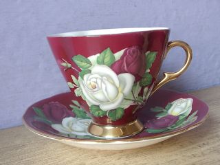 Vintage 1950 ' s England Red and White roses bone china tea cup teacup and saucer 2