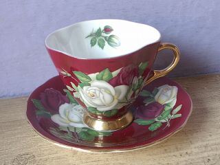 Vintage 1950 ' s England Red and White roses bone china tea cup teacup and saucer 3
