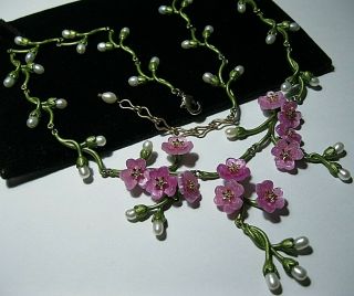 Vintage Style Art Deco Enamel & Real Pearl Pink Forget Me Not Necklace