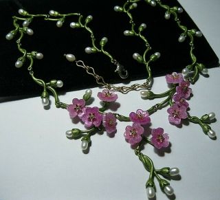 Vintage Style Art Deco Enamel & REAL PEARL PINK Forget me Not NECKLACE 2