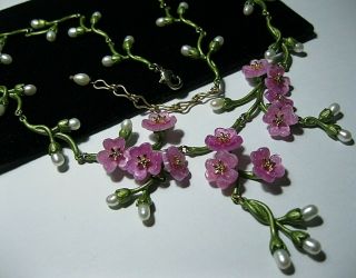Vintage Style Art Deco Enamel & REAL PEARL PINK Forget me Not NECKLACE 3