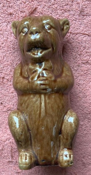 Antique Glazed Pottery Bear Bank - Sitting Upright - Clasped Front Paws - Not