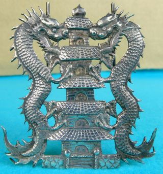 Chinese Sterling Silver Novelty Menu Holder Chased Dragons Pagoda Ca 1895