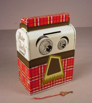 Vintage Ohio Art Tin Metal Coin Bank Mr.  Thrifty Mailbox With Trap/ Key Bryan