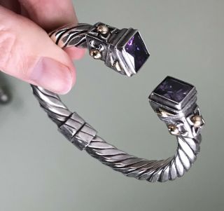 925 Sterling Silver 14k Gold Amethyst Hinged Cable Bracelet Bangle Cuff Vintage