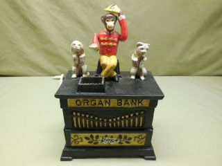 1882 Kyser & Rex Cast Iron Mechanical Bank Street Organ Grinder Show Monkey