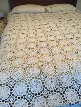 Vintage Crocheted Coverlet Bed Spread Ecru Handmade 78x110