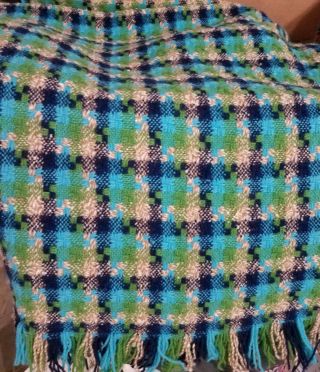 Vintage Pendleton Virgin Wool Throw Blanket Blue Green Fringe 56 X 62 Stunner