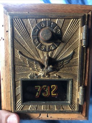 Vintage US Post Office Box Door Coin Bank Worm Chestnut W/Early Eagle Door 732 3
