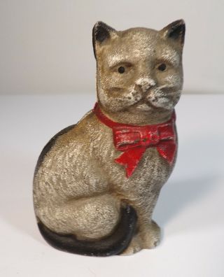 Painted Cast Iron Seated Cat With Bow Bank By Grey Iron Casting Co