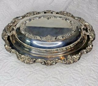 19th Century Silver Plated Footed Oval Serving Bowl Tureen W Handles & Lid