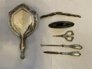 Antique Monogrammed Sterling Silver Repouse Hand Mirror And Other Vanity Items