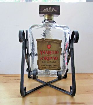 Vintage Amaretto Di Saronno Bottle Liquor Wrought Iron Tilt Pouring Stand 1.  75 L
