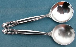 Pair 2 Vintage Georg Jensen Acorn Sterling Bouillon Soup Spoons 5 1/4 Inch