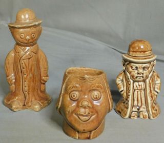 3 Early Cartoon Character Figural Pottery Penny Bank Antique Katzenjammer Toby