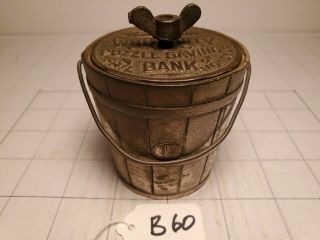 B - 60 Antique Cast Iron " White City Puzzle " Bucket Bank,  Good