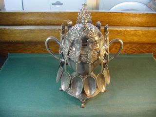Antique Victorian Meriden Quadruple Silver Plate Sugar Bowl Spooner & 12 Spoons
