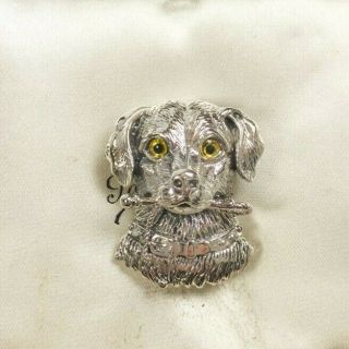 Vintage Style Sterling Silver Hunting Dog Head Brooch With Yellow Glass Eyes | G