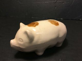 Antique Yellow Sponge Ware Folk Art Pottery Ceramic Brown Spotted Piggy Bank Pig