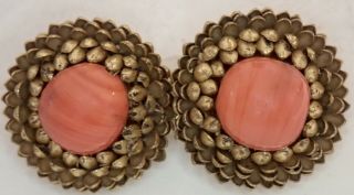 Vintage Miriam Haskell Gold Gilt Brass Coral Art Glass Bead Flower Earrings