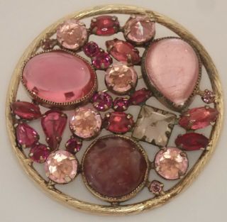 Vintage Schreiner York Gold Plate Ruby Red Pink Art Glass Rhinestone Brooch