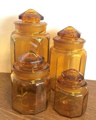 Vintage LE Smith Amber Glass Paneled Canister Set Of 4 2