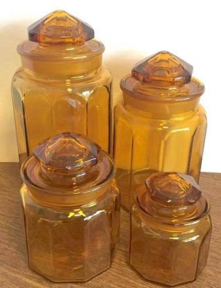Vintage LE Smith Amber Glass Paneled Canister Set Of 4 3