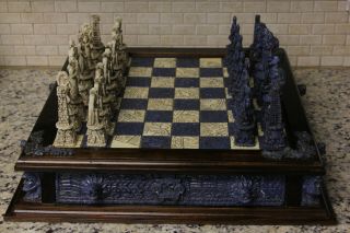 Vintage Chess Set Spanish And Aztecs Tile Sand Resin Wood