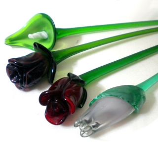 Four Vintage Hand Blown Art Glass Green Long Stem Flowers 19” & 20”