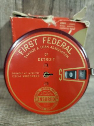 VINTAGE ADD O BANK COIN BANK FIRST FEDERAL OF DETROIT NO KEY PRISITINE COND 2