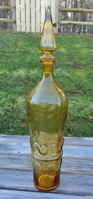 Large Vintage Empoli Amber Glass Genie Bottle Decanter W/ Stopper.  20 "