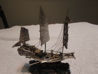 Stunning And Very Old Detailed Silver Chinese Boat/ Junk With Moveable Oars
