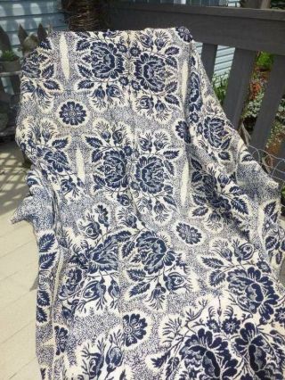 Vintage Blue White Coverlet Blanket - Heavy Wool,  Floral Leaf Pattern