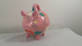 8 1/2 " H Vintage Pink Hand Painted Floral Pig Piggy Bank With Handle