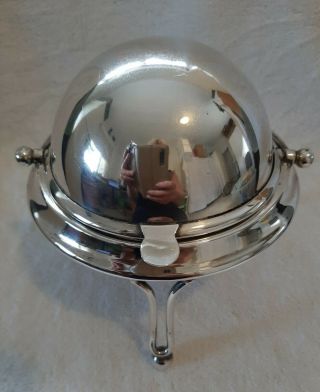 Vintage Silverplate Footed Roll Top Dome Butter / Caviar Dish With Shell Glass