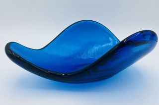 Vintage Blenko Art Glass 537 Blue Wayne Husted Freeform 9 3/4” Bowl Dish