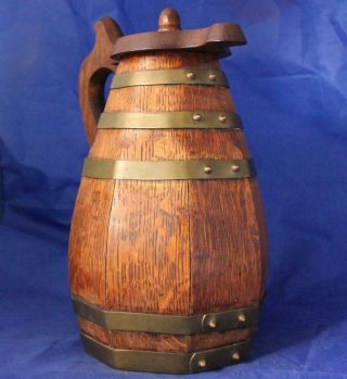 Large Antique American Oak Wood Beer Stein Barrel Form W/brass Hoops C.  1900