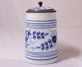 Antique Flow Blue Zwiebelmuster Porcelain Lithophane Beer Stein W/inlay C.  1880