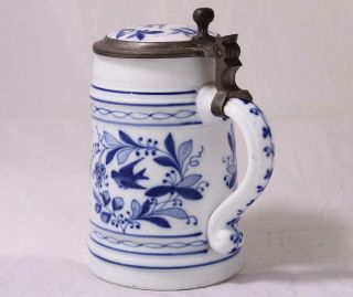 Antique Flow Blue Zwiebelmuster Porcelain Lithophane Beer Stein w/Inlay c.  1880 2