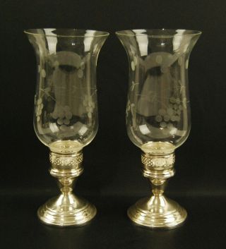 Garden Silversmiths Ltd.  Sterling Silver Candle Holders Pair W/ Etched Glass