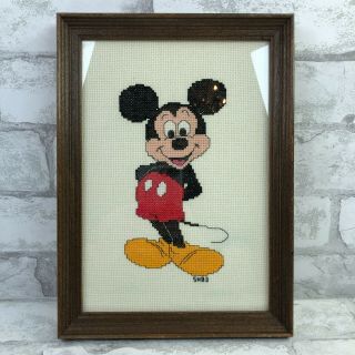 Vintage Mickey Mouse Finished Cross Stitched Framed Wall Hanging Disney 1983