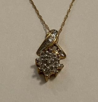 Vintage 10k Yellow Gold Diamond Pendant Necklace 18” Chain