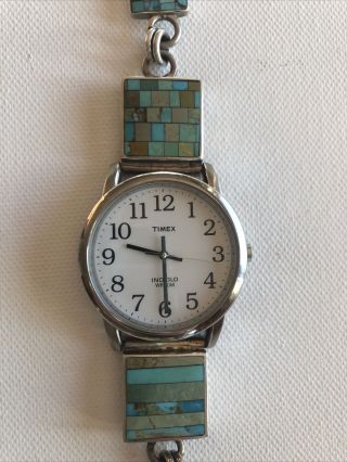 Vintage Zuni Signed Sterling Silver Ladies Inlayed Turquoise Watch Band