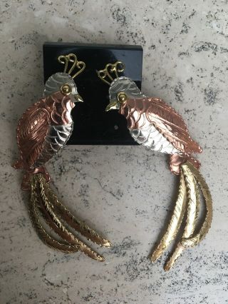 Ooak Vintage Handmade Mixed Metal,  Brass,  Copper Bird Cockatoo Parrot Earrings