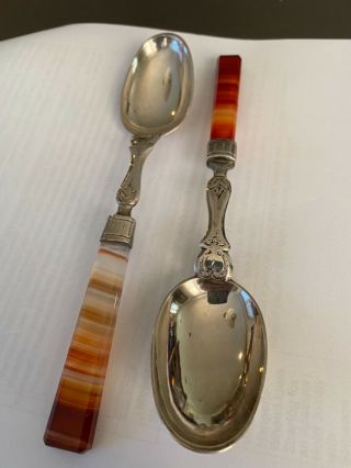 Antique Dutch Silver Spoons With Agate Handles - Engraved Bowls -